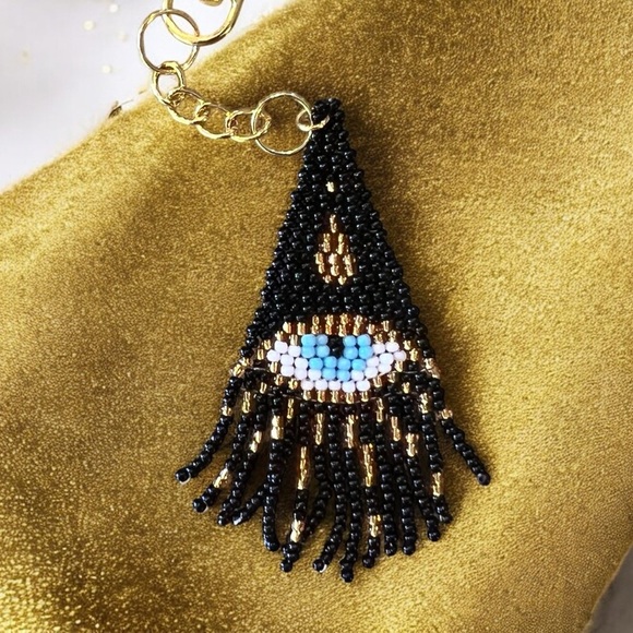 Evil Eye Bag Charm with Hand Beaded Glass Seed Beads and Gold Toned Clasp - Picture 6 of 17